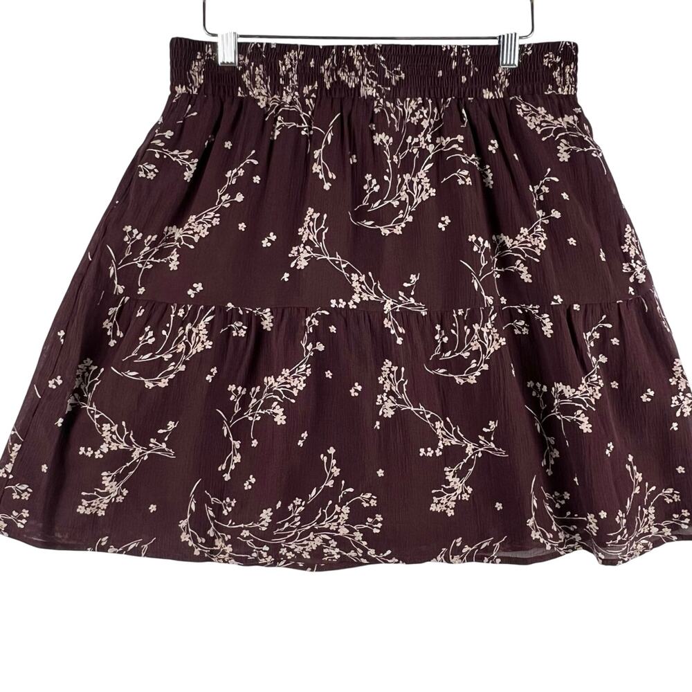 Garnet Hill WMNS Silk Floral Tiered Mini Skirt SZ M Burgundy Smocked Waist Lined